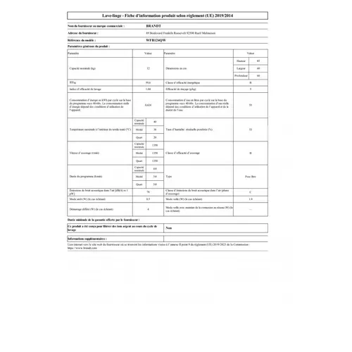 Lave-linge frontal 12 kg 1400 trs/mn Blanc - WFB124QW