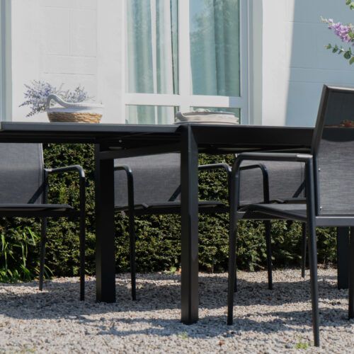 Table De Jardin 8/12p En Aluminium Et Plateau En Verre Poli Noir Modulo