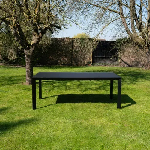 Table De Jardin 8/12p En Aluminium Et Plateau En Verre Poli Noir Modulo