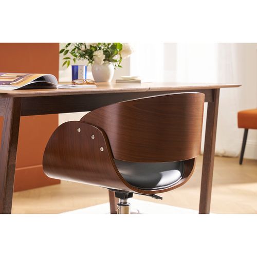 Chaise De Bureau à Roulettes Design Noir, Bois Foncé Noyer Et Acier Chromé Bent