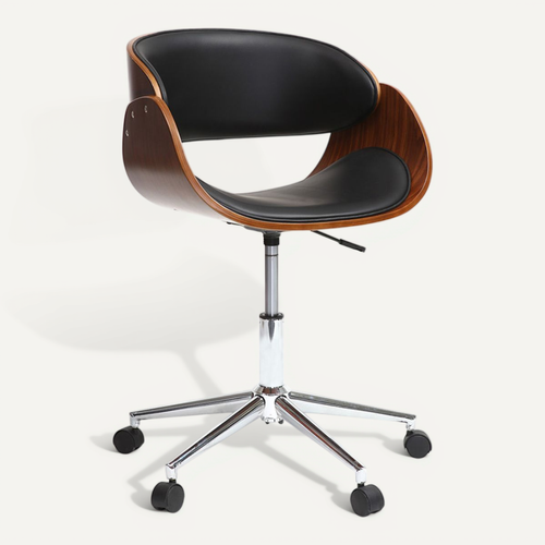 Chaise De Bureau à Roulettes Design Noir, Bois Foncé Noyer Et Acier Chromé Bent