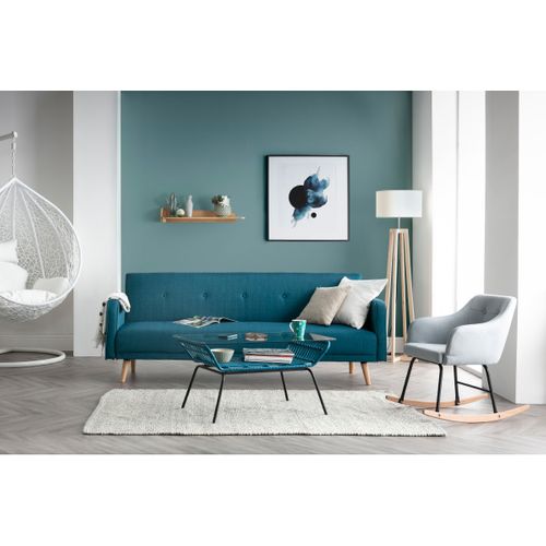 Canapé Convertible Scandinave 3 Places En Tissu Bleu Et Bois Clair Ulla