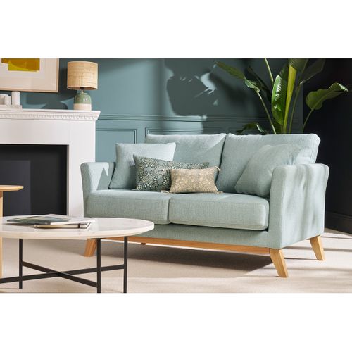 Canapé Scandinave Déhoussable 2 Places En Tissu Vert Lagon Et Bois Clair Oslo