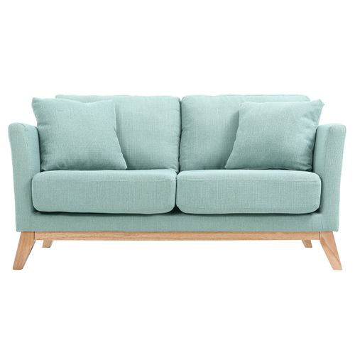 Canapé Scandinave Déhoussable 2 Places En Tissu Vert Lagon Et Bois Clair Oslo