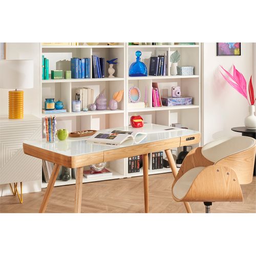 Bureau Connecté Multimédia Avec Tiroir En Verre Et Bois Clair L120 Cm Clever