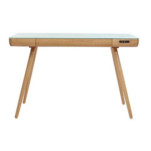 Bureau Connecté Multimédia Avec Tiroir En Verre Et Bois Clair L120 Cm Clever