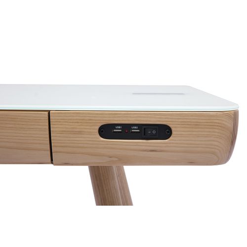 Bureau Connecté Multimédia Avec Tiroir En Verre Et Bois Clair L120 Cm Clever