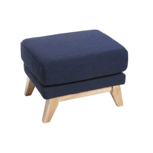 Pouf Repose-pieds Déhoussable Scandinave En Tissu Bleu Foncé Et Bois Clair Oslo