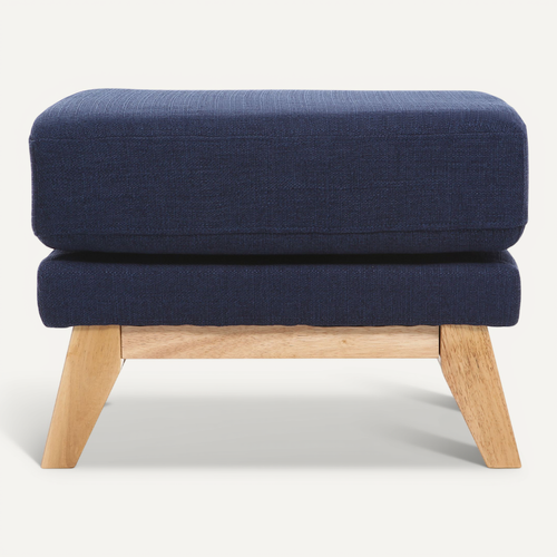 Pouf Repose-pieds Déhoussable Scandinave En Tissu Bleu Foncé Et Bois Clair Oslo