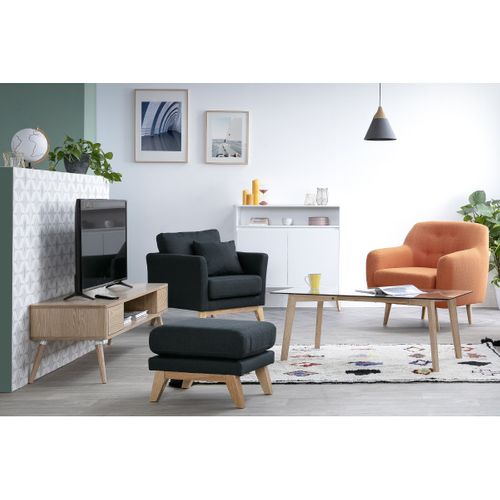 Pouf Repose-pieds Déhoussable Scandinave En Tissu Bleu Foncé Et Bois Clair Oslo