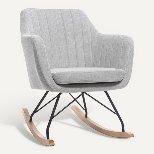 Rocking Chair Scandinave En Tissu Gris Clair, Métal Noir Et Bois Clair Aleyna