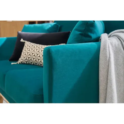 Canapé Scandinave Déhoussable 2 Places En Tissu Velours Bleu Pétrole Et Bois Clair Oslo