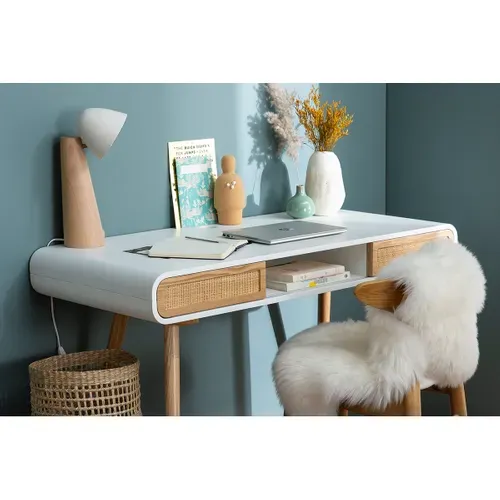Bureau Avec Rangement Vintage Blanc, Cannage Et Bois Clair L120 Cm Olympe