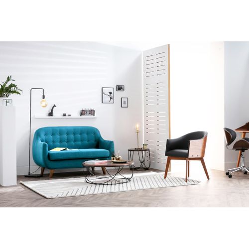 Canapé Scandinave Déhoussable 2 Places En Tissu Bleu Canard Et Bois Clair Ynok