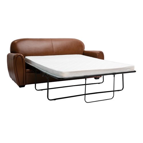 Canapé Convertible Vintage 3 Places Cuir Marron Et Bois Noir Avec Matelas 9 Cm Club