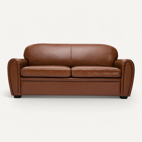 Canapé Convertible Vintage 3 Places Cuir Marron Et Bois Noir Avec Matelas 9 Cm Club