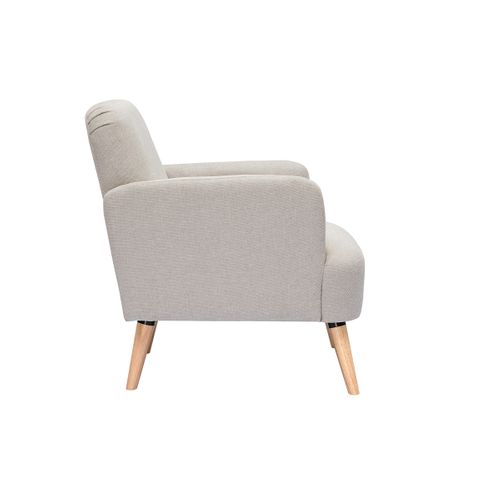 Fauteuil Bois Tissu Fauteuil Scandinave Gustav - Tissu Beige, Dossier Capitonné, Design Rétro Fauteuil Vintage Salon