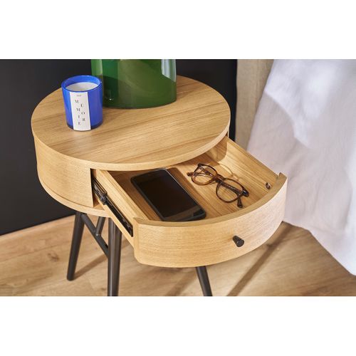 Tables De Chevet Rondes Avec Tiroir Bois Clair Et Métal Noir (lot De 2) Koral