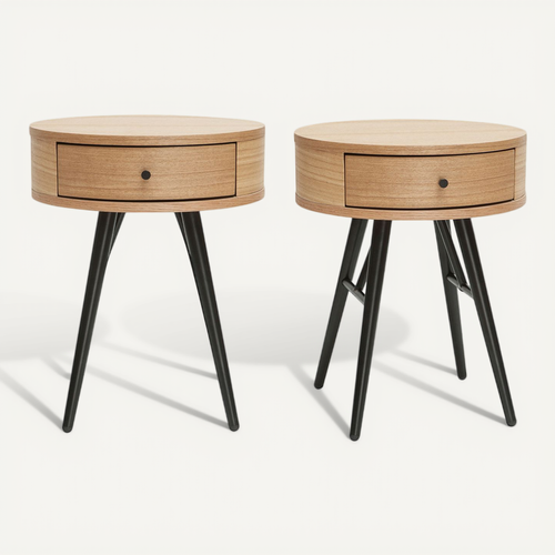 Tables De Chevet Rondes Avec Tiroir Bois Clair Et Métal Noir (lot De 2) Koral