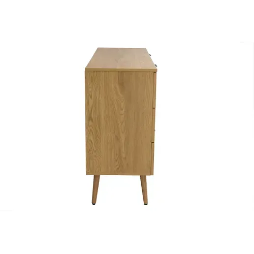 Commode Finition Bois Clair, Cannage En Rotin Et Métal Noir 6 Tiroirs L120 Cm Manille