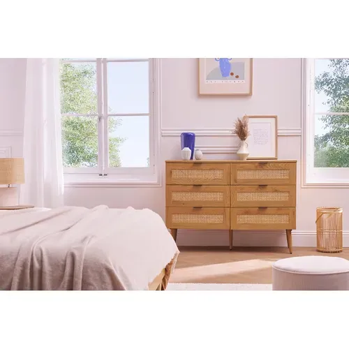 Commode Finition Bois Clair, Cannage En Rotin Et Métal Noir 6 Tiroirs L120 Cm Manille