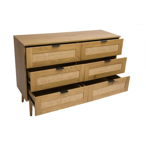 Commode Finition Bois Clair, Cannage En Rotin Et Métal Noir 6 Tiroirs L120 Cm Manille