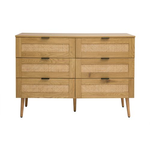 Commode Finition Bois Clair, Cannage En Rotin Et Métal Noir 6 Tiroirs L120 Cm Manille