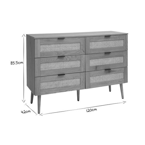 Commode Finition Bois Clair, Cannage En Rotin Et Métal Noir 6 Tiroirs L120 Cm Manille