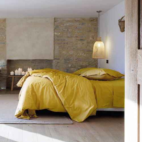Parure De Lit 140x200 Cm Set 65x65 Cm Percale Manoir Jaune Moutarde
