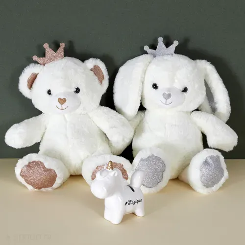 Peluche Lapin 25cm Pailleté Collection Royal Pets Blanc Et Argent