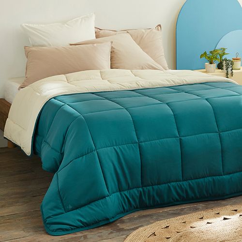 Couette Hiver 160x220 Cm Cocoon Bicolore Bleu Paon/galet Garnissage Fibre Polyester 400g/m2