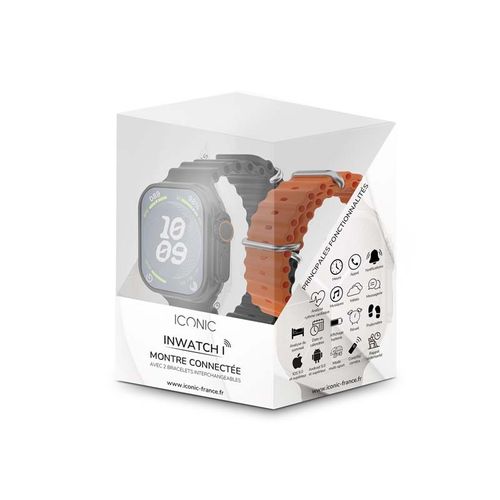 Montre Connectée Cadran Noir 2 Bracelets Silicone Noir Et Orange Inwatch I Black Iconic