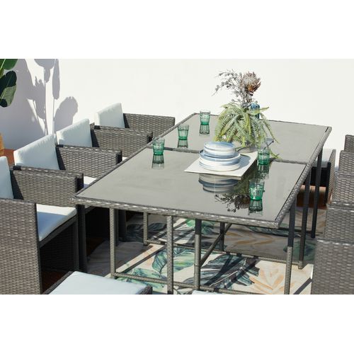 Miami 12 - Salon De Jardin Encastrable 12 Places Fauteuils Et Poufs En Résine Tressée Gris Et Blanc