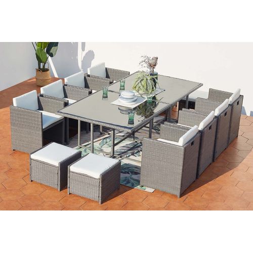 Miami 12 - Salon De Jardin Encastrable 12 Places Fauteuils Et Poufs En Résine Tressée Gris Et Blanc