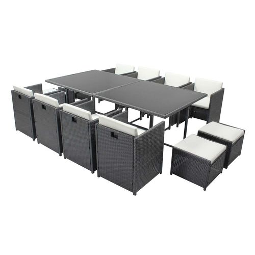 Miami 12 - Salon De Jardin Encastrable 12 Places Fauteuils Et Poufs En Résine Tressée Gris Et Blanc