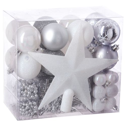 Kit Décoration Pour Sapin De Noël - 44 Pièces - Blanc Et Gris