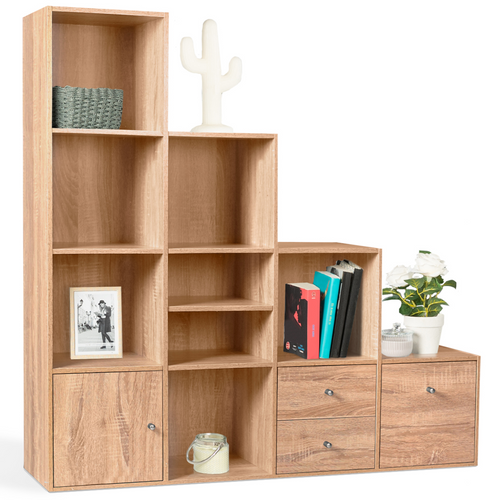 Meuble De Rangement En Escalier Liam 4 Niveaux Bois Façon Hêtre Avec Porte Et Tiroirs