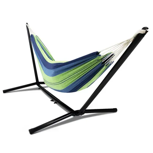 Hamac Avec Support Métal Noir Et Toile Rayée Bleue Et Verte