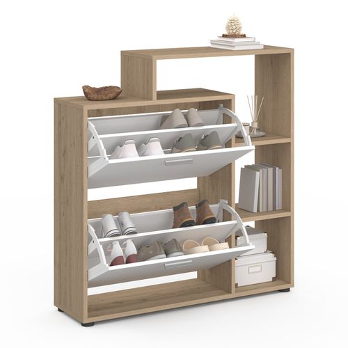 Meuble à Chaussures 12 Paires Klark Imitation Hêtre 2 Portes Blanches Avec Étagère