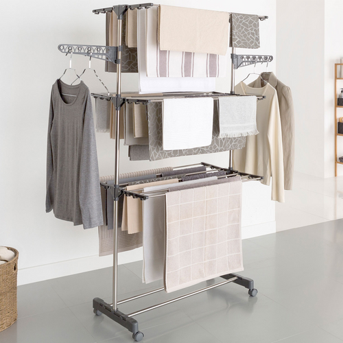 Séchoir à Linge Vertical Pliable 3 Niveaux Maxima Capacité 20m Inox Et Gris