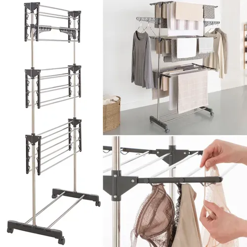Séchoir à Linge Vertical Pliable 3 Niveaux Maxima Capacité 20m Inox Et Gris
