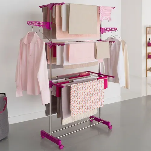 Séchoir à Linge Vertical Pliable 3 Niveaux Maxima Capacité 20m Inox Et Rose