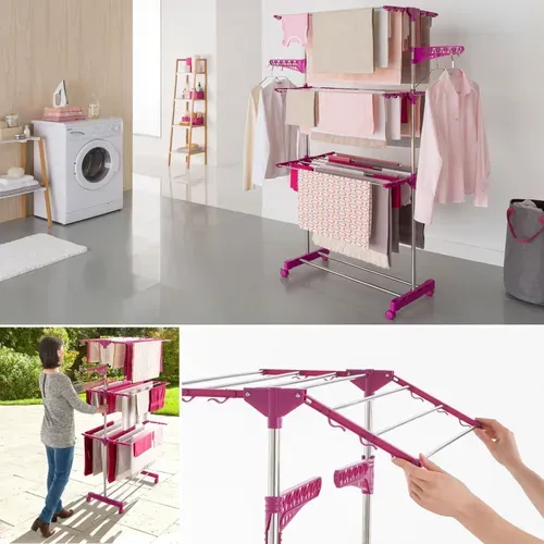 Séchoir à Linge Vertical Pliable 3 Niveaux Maxima Capacité 20m Inox Et Rose