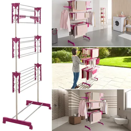 Séchoir à Linge Vertical Pliable 3 Niveaux Maxima Capacité 20m Inox Et Rose