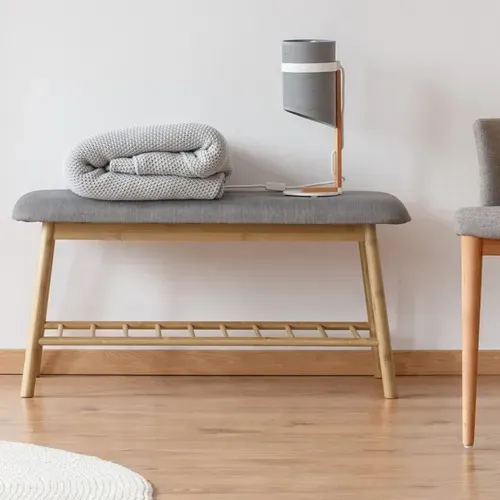Banc D'entrée Chaussures Capitonné Bambou Rita Tissu Gris Clair