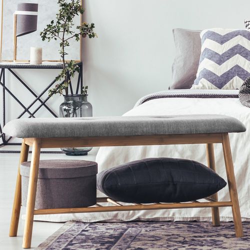 Banc D'entrée Chaussures Capitonné Bambou Rita Tissu Gris Clair