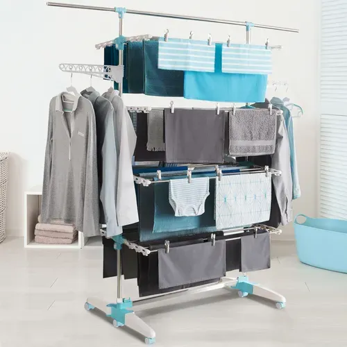 Séchoir à Linge Vertical Pliable 4 Niveaux Optimum Capacité 30m Avec Tringle Télescopique Blanc Et B