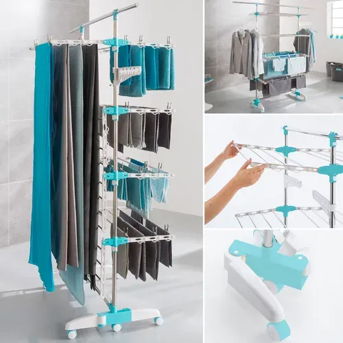 Séchoir à Linge Vertical Pliable 4 Niveaux Optimum Capacité 30m Avec Tringle Télescopique Blanc Et B