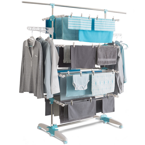 Séchoir à Linge Vertical Pliable 4 Niveaux Optimum Capacité 30m Avec Tringle Télescopique Blanc Et B