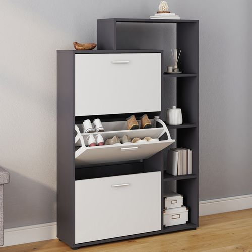 Meuble à Chaussures 18 Paires Klark Gris 3 Portes Blanches Avec étagère
